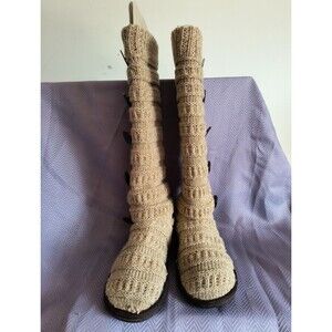 RARE MUK LUKS Knee High Knit Sweater Slipper Sock Boots Tan Beige Brown Button 8